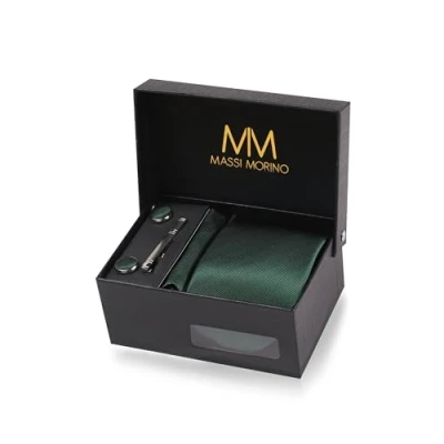 Immagine di Massi Morino Cravatta Verde Scuro e fazzoletto da uomo con camicia gemelli, parure fermacravatta set I Accessori sposa Cravatte Elegante Confezione Regalo
