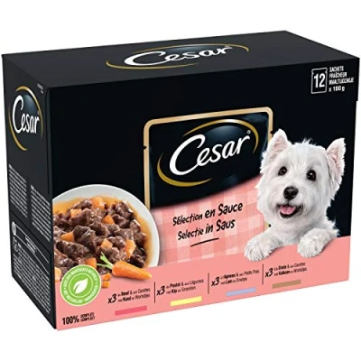 Immagine di CESAR Pasto per cani 48 bustine fresche (set di 4 confezioni 12 x 100 g) Pasta in salsa manzo/pollo, agnello/tacchino cibo completo ed equilibrato con ingredienti naturali