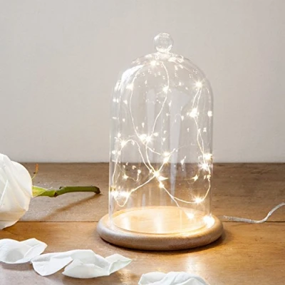 Immagine di Lights4fun Campana di Vetro Alta 19cm con Base in Bambù e Micro LED a Luce Bianca Calda