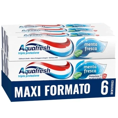 Immagine di Aquafresh Tripla Protezione, Dentifricio 3 in 1 per tutta la Famiglia, Denti Forti, Gengive Sane, Alito Fresco, Gusto Menta Fresca, Maxi Pacco 6 x75ml 450ml