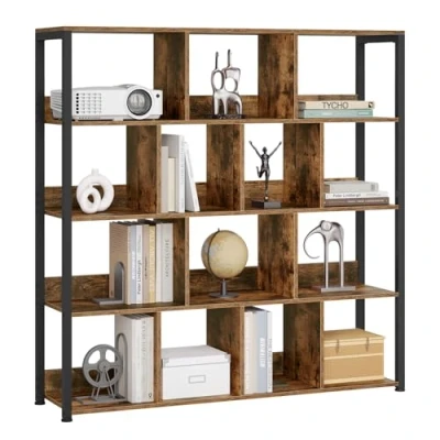 Immagine di eSituro Scaffale per Libri, con 14 Cubi in 4 Livelli, Unità di Stoccaggio Industriale Soggiorno/Camera da Letto/Ufficio, Legno Ingegnerizzato, Marrone Rustico+Nero, 120x30x120cm