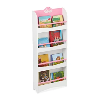 Immagine di Relaxdays Libreria per Bambini, 124 x 50,5 15 cm, Scaffale a 4 Scomparti Porta Libri Cameretta Bimbi, MDF, Bianco Rosa
