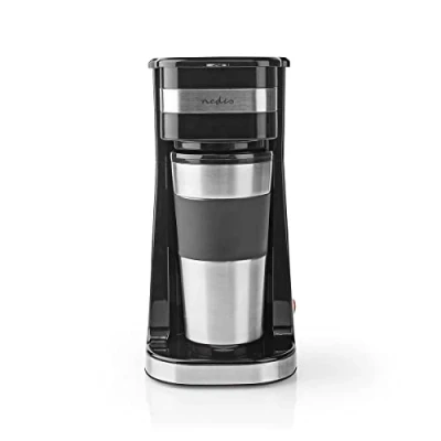 Immagine di NEDIS Macchina da caffè Design in acciaio inox tazza viaggio con coperchio Isolamento a doppia parete Funzione antigoccia 1 alla volta 0.4 L Nero/Argento