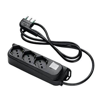 Immagine di Fanton S.P.A. 47461 Multipresa OMEGA ciabatta nera 3 prese bipasso 16A cavo 1,5 m. spina a squadra grande italiana scarpetta+ interruttore bipolare luminoso banca made in italy