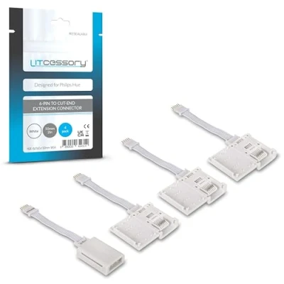 Immagine di Litcessory Connettore da 6 PIN a Tagliare Fine di Estensione per Philips Hue Lightstrip Plus (50mm, 4 Pezzi, Bianco MICRO V4)