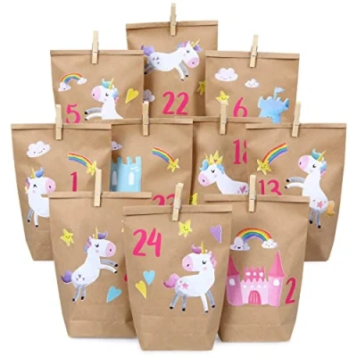 Immagine di PaPIerDraCHeN DIY Calendario dell&#039;avvento Set in Carta Kraft unicorni da attaccare con 24 Sacchetti di Marrone riempire Soli e Fai Te Natale 2021