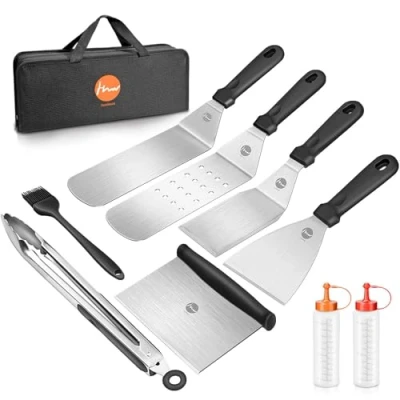 Immagine di Huolewa 9 Pcs Set di Spatole per Barbecue, Barbecue in Acciaio Inossidabile, Teppanyaki Grill con spazzola e borsa il trasporto, idea grigliare all&#039;aperto/teppanyaki