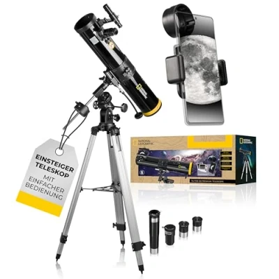Immagine di National Geographic 76/700 riflettore telescopio EQ astronomia per principianti, specchio principale 76 mm, montaggio equatoriale, con supporto smartphone e treppiede