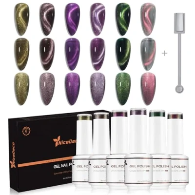 Immagine di Nicedeco 6 Flaconi di Smalto Cat Eye Semipermanente per Unghie Colori Kit 8ML magneticp Lampada UV LED Soak Off Gel Nail Polish Set 42
