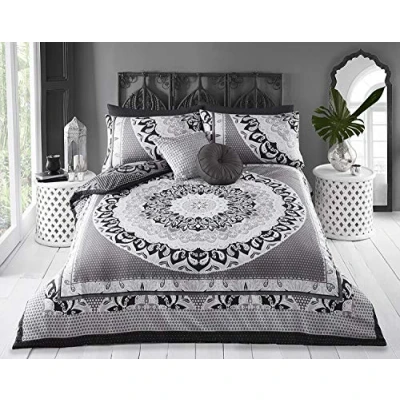 Immagine di Sleepdown Set con Copripiumino matrimoniale reversibile Facile da pulire, design in cotone super morbido. motivo cachemire nero e grigio. Dimensioni 220 x 260 cm + 2 federe abbinate.