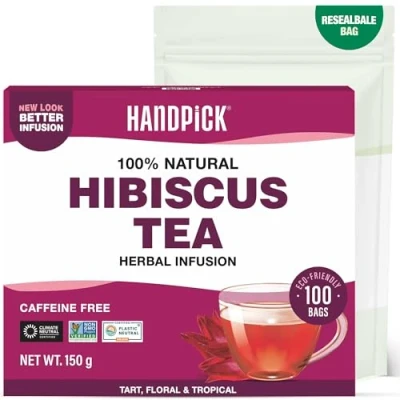 Immagine di HANDPICK Tisana all’Ibisco 100 Filtri Rotondi Ecosostenibili Senza Caffeina Con Fiori di Ibisco 100 % Puri Non OGM Sigillato Sottovuoto per Freschezza