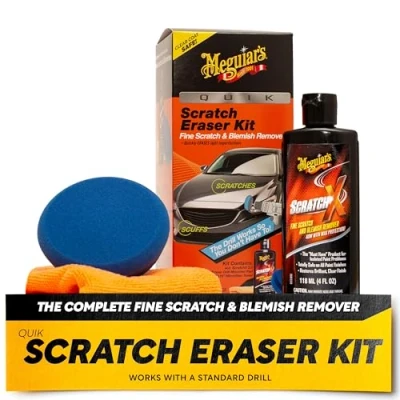 Immagine di Meguiar&#039;s Quik Kit per cancellare i graffi dell&#039;auto, rimuove le imperfezioni, include ScratchX, cuscinetto trapano e asciugamano in microfibra