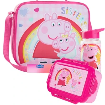 Immagine di Get Trend Peppa Pig Borsa Porta Pranzo con Merenda Borraccia Bambini Senza BPA Set 3 Pz Materiale Scolastico per Viaggiare Picnic (Rosa Pig)