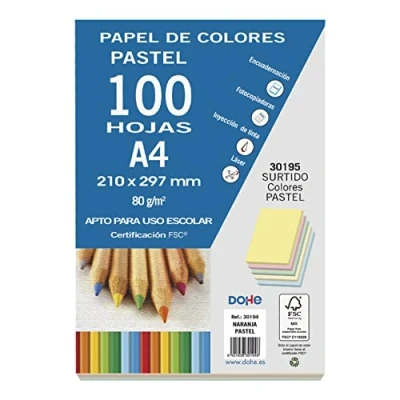 Immagine di Dohe (30195) Confezione da 100 fogli, colori pastello, formato A4,/80 g (30195), Modelli/Colori Assortiti, 1 Pezzo