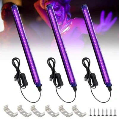 Immagine di Tubo a luce nera, 3 pezzi, 5 W, 24 LED, 28 cm, con interruttore, USB, per feste, illuminazione palcoscenico, pittura del corpo