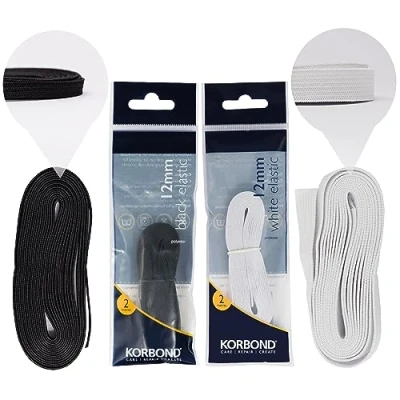 Immagine di Korbond Piatto Intrecciato 4 m Confezione Doppia Elastico 2 per la creazione e Riparazione di Vestiti Mix Poliestere Durevole, Nero/Bianco