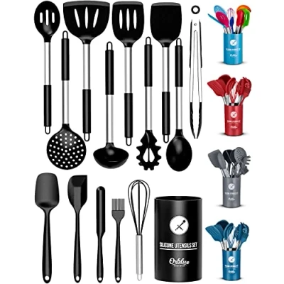Immagine di ORBLUE Set di utensili da cucina in silicone, 14 con supporto, teste silicone per uso alimentare sicure e maniglie acciaio inossidabile, nero