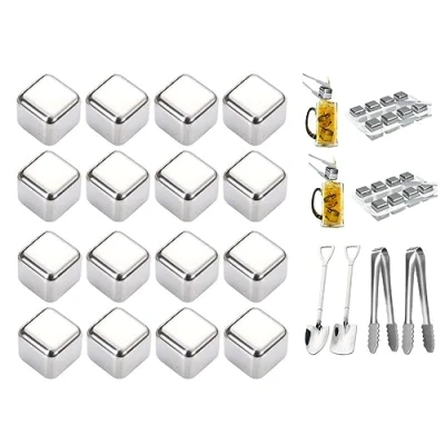 Immagine di Anlising Cubetti di Ghiaccio Riutilizzabili, 16PCS in Acciaio Inox, per Whisky, Whisky Stones, con Clips+Cucchiaio, Raffreddare Vodka Vino Cocktail