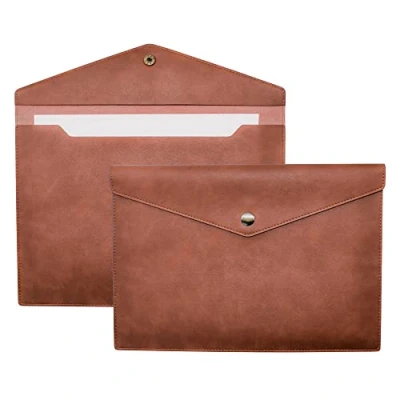 Immagine di VANRA Cartelle portadocumenti in pelle PU A4 impermeabile portafoglio archivio file organizer per formato lettera con chiusura a bottone pressione, marrone
