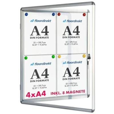 Immagine di Floodirekt Cassetta per vetrina da parete, 4 x DIN A4, con cornice in alluminio e vetro acrilico, magneti, scatola di informazione parete posteriore scrivibile