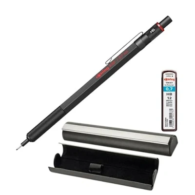 Immagine di rOtring Set di 600 matite meccaniche 12 mine 0,7 mm HB Corpo interamente in metallo nero con propulsione Matita un&#039;elegante custodia chiusa magneticamente