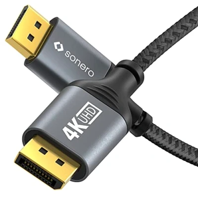 Immagine di Cavo Sonero® 4K DisplayPort 1.2, da maschio a maschio, 60Hz, 2K 144Hz, rivestimento in cotone, grigio/nero, 2,00 metri