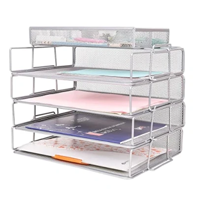 Immagine di Exerz organizer da scrivania in rete metallica, confezione 5 pezzi, impilabile a 4 ripiani, con per accessori 3 scomparti, porta documenti ufficio, scuola