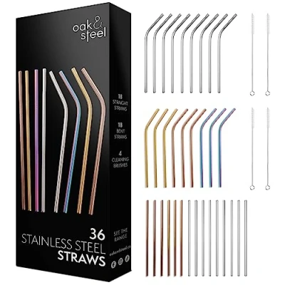 Immagine di Oak &amp; Steel 36 Cannucce in Acciaio Inossidabile 4 Spazzole con Scatola Regalo (4 Colori) Ecologiche, Riutilizzabili Lavabili Lavastoviglie