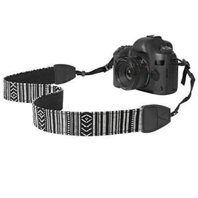 Immagine di MoKo Tracolla Fotocamera, Cinghia a in Tela Cotone Intrecciata con Fibbie regolabili, Accessori Fotocamere, videocamere per Fotocamere Digitali DSLR Nero Bianco