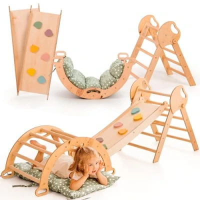 Immagine di 5 in 1 Telaio da Arrampicata per Bambini Scala a Triangolo, Arco Arrampicata, Balance Board e Cuscino, Montessori, Palestra Legno 3 Anni