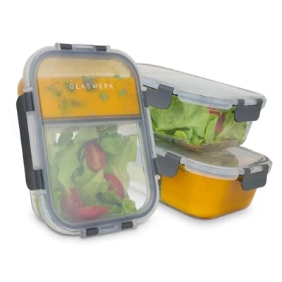 Immagine di GLASWERK Contenitori Salvafreschezza 2 Scomparti Separati, a Prova di Perdite, Portapranzo in Vetro Termoresistente, con Coperchio, per Preparare Pasti Anticipo, 3x1040ml