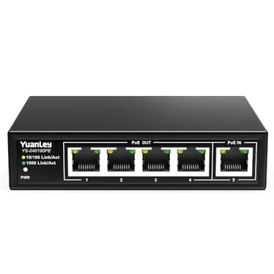 Immagine di YuanLey 5 Porte PoE Extender Gigabit con 4 Uscite PoE, IEEE 802.3af/at/bt Mini Ripetitore a Canali 1000Mbps, Custodia in Metallo, Protezione da Fulmini 6KV, Desktop, Switch Passante