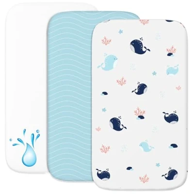 Immagine di Lenzuola Next To Me 3 in 1 Culla Cododo con Angoli (Set da 2) + Coprimaterasso Impermeabile Elastico 50 x 83 cm Per Co sleeping, Lettino Bimbo e Bimba Oceano