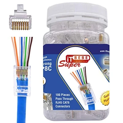 Immagine di ITBEBE Pack of 100 Cat 6 Pass Through RJ45 Connectors (Cat6 Passthrough / Cat6 Plug Connector) for Solid or Stranded UTP Cable