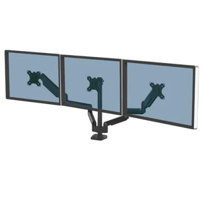 Immagine di Fellowes braccio monitor triplo Platinum Series, ergonomico, con funzioni di oscillazione orizzontale, inclinazione, rotazione, 2 porte USB, dimensioni massime 30&quot; (9 kg), colore nero