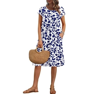 Immagine di AUSELILY Abito estivo da donna, a maniche corte, lunghezza al ginocchio, estivo, casual, con tasche, Foglie blu navy, XL