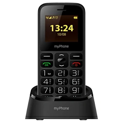 Immagine di MP myPhone Halo A+, telefono per gli anziani (nonna e il nonno), telecamera, display a colori da 1,77&quot;, batteria 800 mAh, chiavi grandi, Pulsante SOS, torcia, radio, doppio SIM, Base di ricarica, Noir