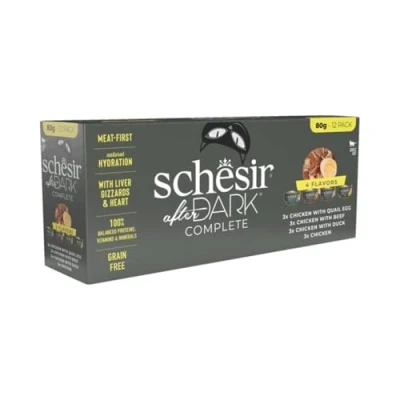 Immagine di Schesir After Dark Filetti in brodo Pacco misto 12 x 80 g Umido per gatto Mix: Pollo con Manzo, Uovo di quaglia, Anatra