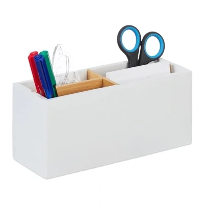 Immagine di Relaxdays Organizer da Scrivania, in bambù, 4 Scomparti, Portapenne Ufficio, Box Cosmetici, HLP 8 x 21 9 cm, Bianco