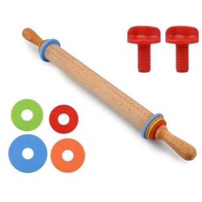 Immagine di ds. distinctive style Mattarello con 4 anelli di spessore regolabili, rullo in legno per impasto, pasta, biscotti, torte, fondente, pizza e crosta torta