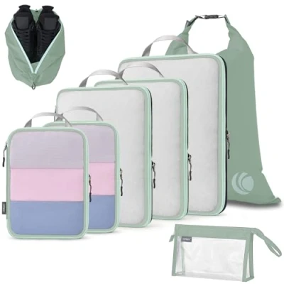 Immagine di Cipway Organizer Valigia,Cubi da Imballaggio a Compressione, Design Rete, Salvaspazio Borse Viaggio Set Sacchi Sottovuoto Vestiti per Zaini o Bagagli Mano (Verde salvia,8 Pezzi)