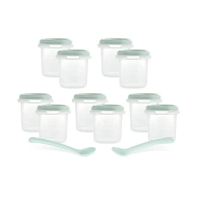 Immagine di Miniland Set 10 Hermisized Mint 200ml. Confezione da ermetici graduati (200ml) e due cucchiai, sicura, resistente adatta per lavastoviglie, microonde congelatore. Collezione Dolce.