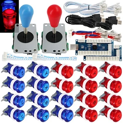 Immagine di SJ@JX 2 Player Arcade Game Stick DIY Kit Buttons with Logo LED 8 Way Joystick USB Encoder Cable Controller for PC MAME Raspberry Pi Red Blue