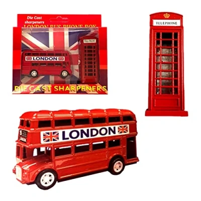 Immagine di Set di 2 temperamatite souvenir Londra unico in metallo pressofuso britannico Inghilterra UK regalo modelli autobus londinesi e cabina telefonica