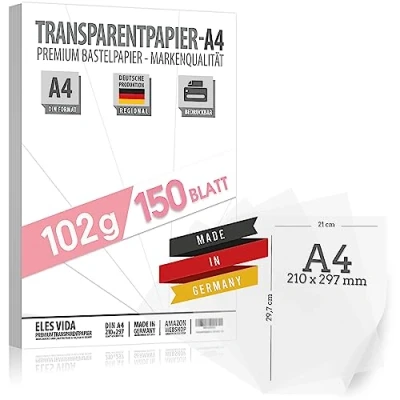 Immagine di 150 fogli di carta trasparente da 102 g/m², A4, 21 x 29,7 cm, millimetrica, per stampanti a getto d&#039;inchiostro e laser, bricolage regali