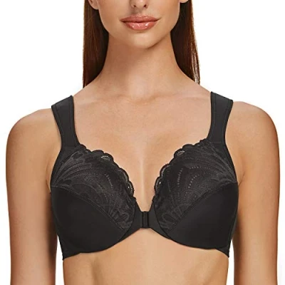 Immagine di MELENECA Donna Reggiseno Taglie Forti Pizzo Chiusura Anteriore Non Imbottito Cinghie Imbottite con Ferretto Schwarz 7C