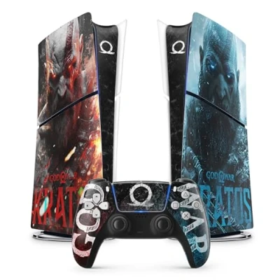 Immagine di adesivo PS 5 SLIM Kratos, da gioco per 5, console e controller, digitale edizione SLIM, skin Kratos (1 controller)