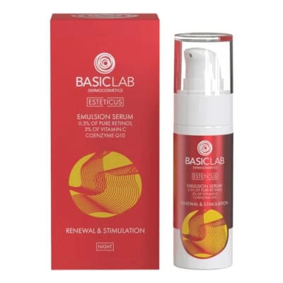 Immagine di BasicLab Dermocosmetics Emulsion Siero viso con retinolo, coenzima Q10 e vitamina C 15 ml da notte anti rughe per donne
