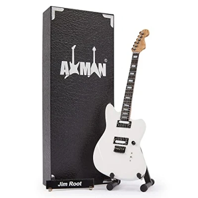 Immagine di Jim Root Replica di chitarra in miniatura, idea regalo musicale, fatta a mano, scala 1/4, include una scatola espositiva, targhetta per il nome e un supporto miniatura