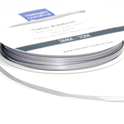 Immagine di Vaessen Creative nastro di raso 3 mm x 100 m, argento, decorativo, nastri per bricolage, in tessuto matrimoni, battesimi e regali compleanno